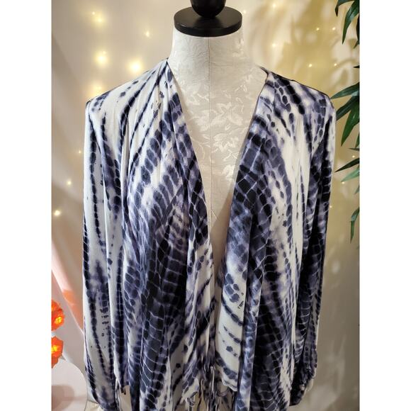 Lucy Love NWOT Tie Dye Fringe Blue White Open Cardigan Topper Womens Size M Boho - Picture 2 of 9